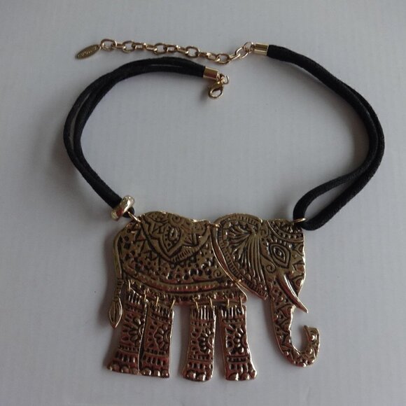 St Thomas marked gold tone elephant pendant (3&1/2") on a 4 strand cord necklace - Picture 1 of 10